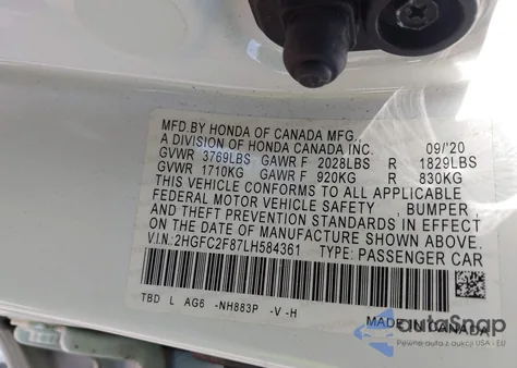 2020 Honda Civic Sport z USA, uszkodzony, nr VIN 2HGFC2F87LH584361